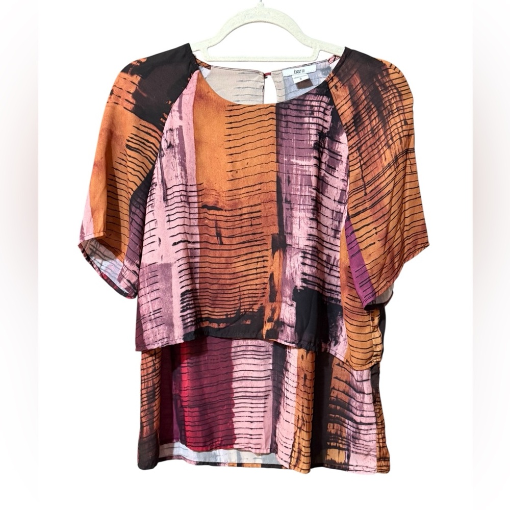 Bar III Abstract Print Layered Blouse Boxy Overlay Top Earth Tones Artistic Sz S